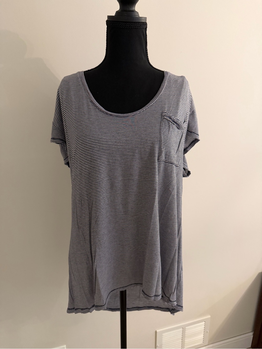 Shimera Navy and White Striped Scoop Neck Pocket Tee